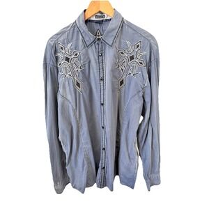 Roar Buckle Strength Defined Mens 2XL Denim Blue Embroidered Button Up Shirt